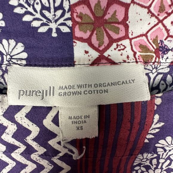 J Jill Purejill Top Womens XS Purple Floral Patchwork Organic Cotton Boho Resort - Picture 6 of 12